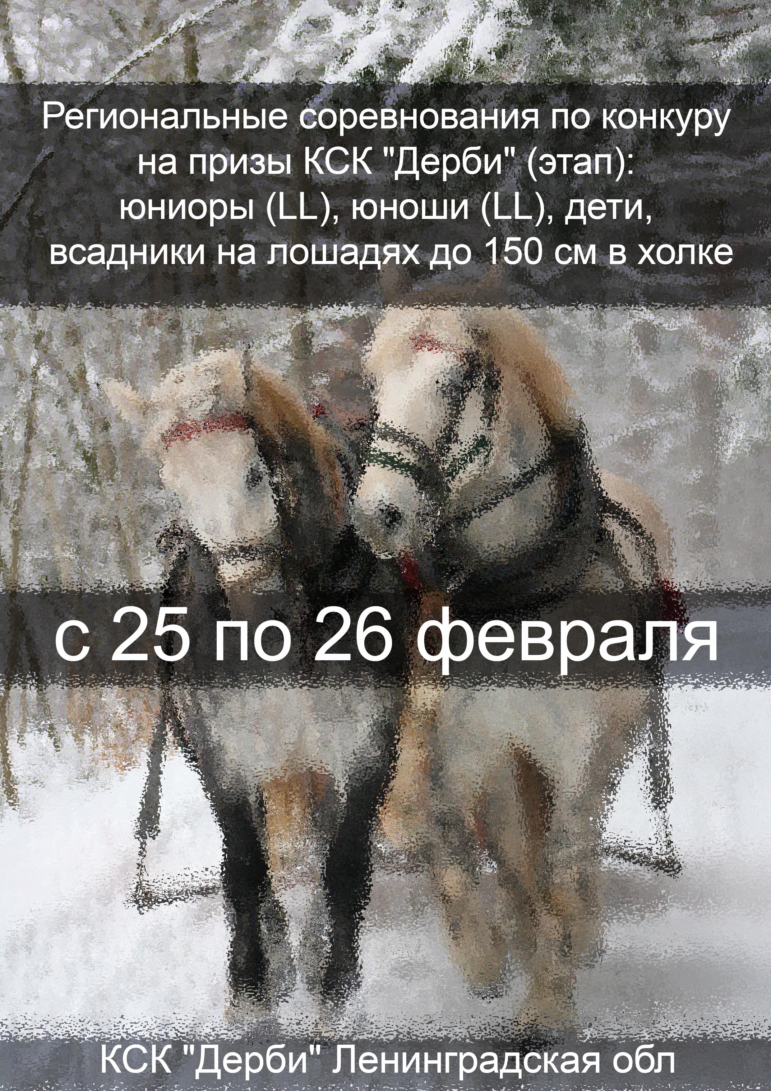 Региональные соревнования по конкуру на призы КСК "Дерби" (этап): юниоры (LL), юноши (LL), дети, всадники на лошадях до 150 см в холке 25 февраля 2023 года Место: Россия, Ленинградская область, Всеволожский район, Бугровское сельское поселение, деревня Энколово, Шоссейная улица, 19 