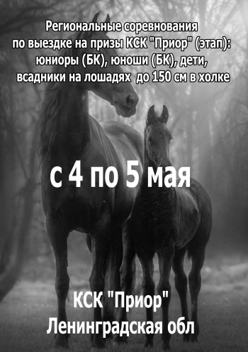 Региональные соревнования по выездке на призы КСК "Приор" (этап): юниоры (БК), юноши (БК), дети, всадники на лошадях до 150 см в холке 4  мая
 2023  год
